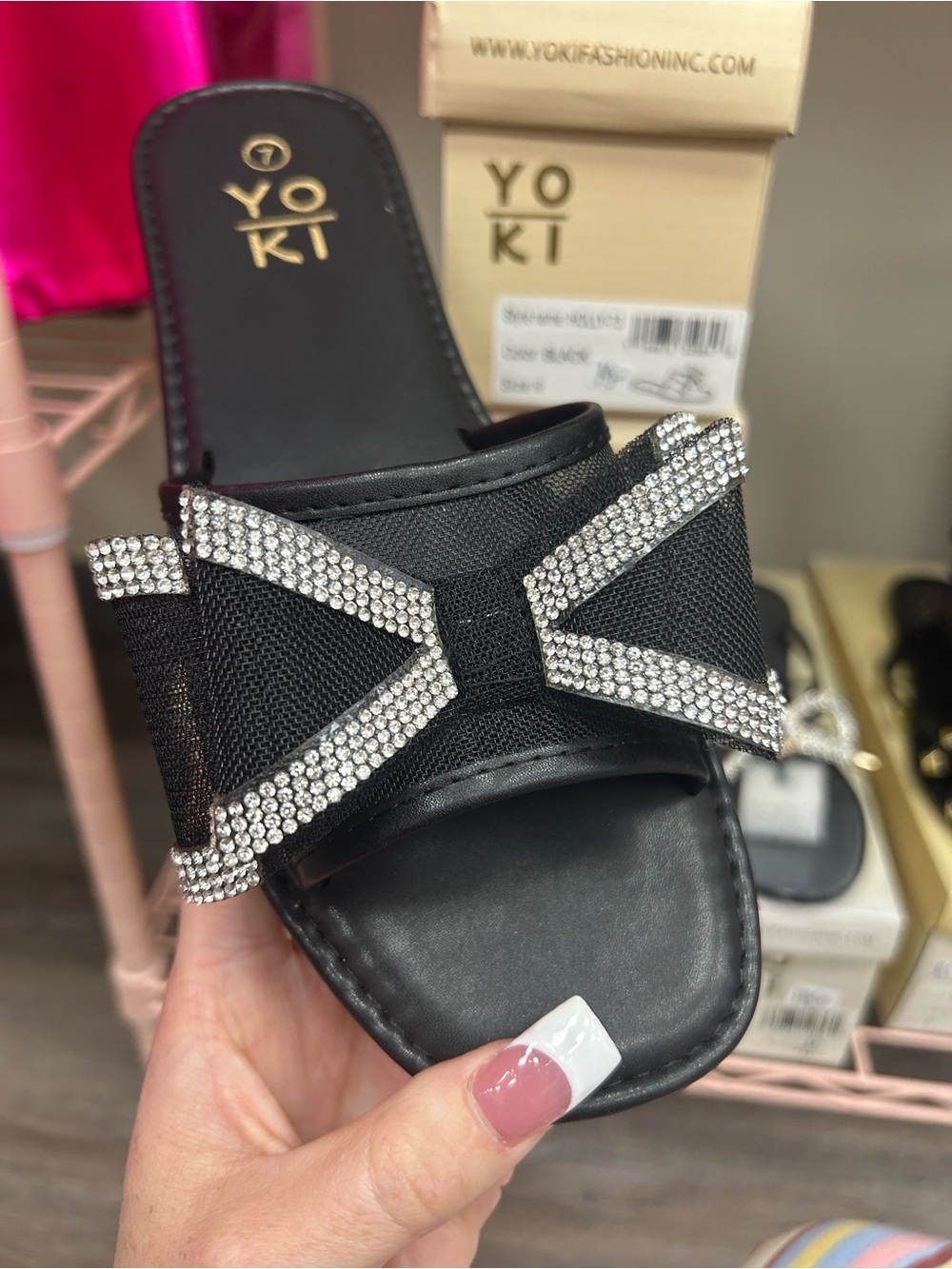 Yoki Black Slide Sandal with Rhinestone Bow Accent